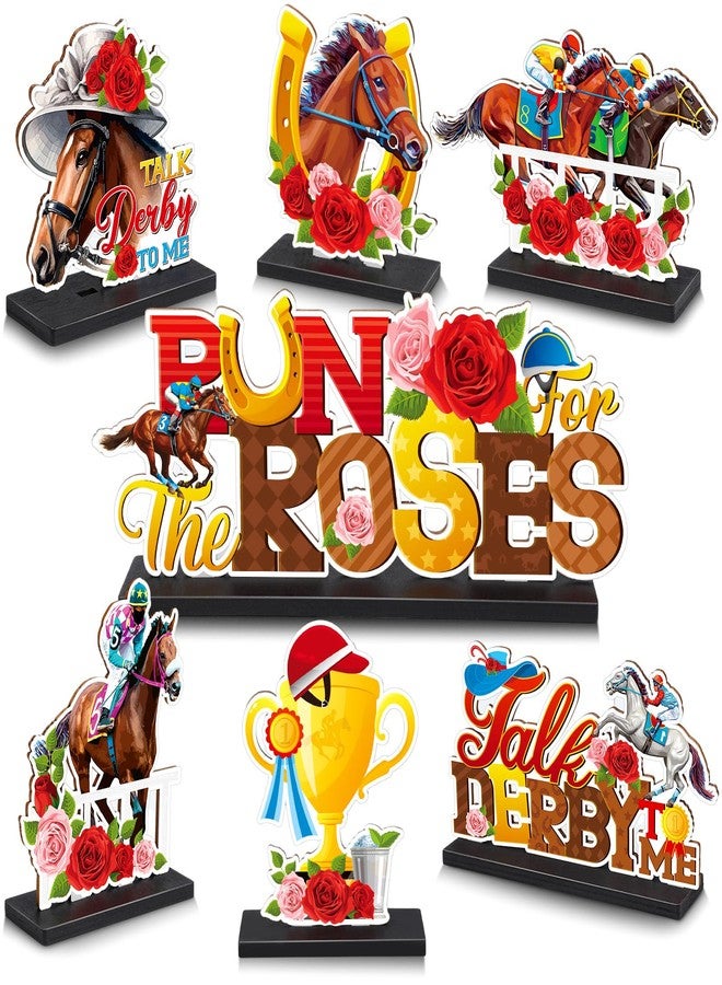 Blosssound 7 Pcs Derby Party Decorations Horsing Racing Table Centerpieces Wooden Decoration Run for the Roses Table Signs Centerpieces Horse Decorations for Derby Festival Supplies - Image 1